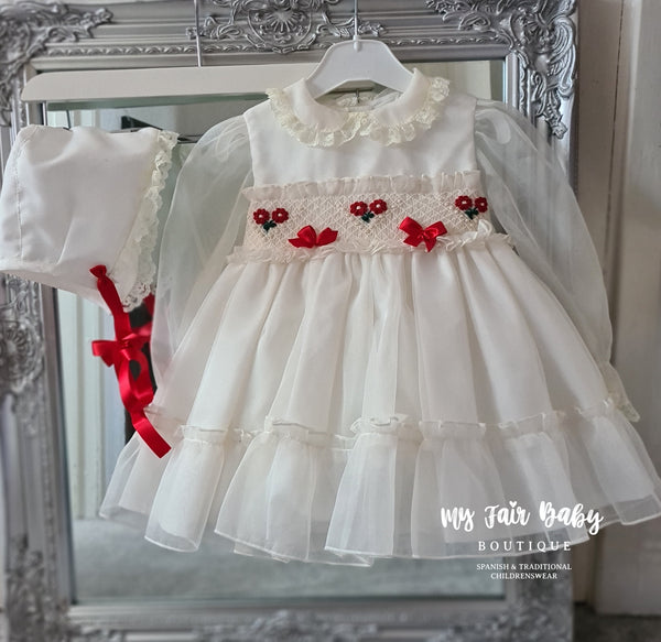 Sonata White & Red Organza Smocked Puffball Dress - 3y IN STOCK NOW