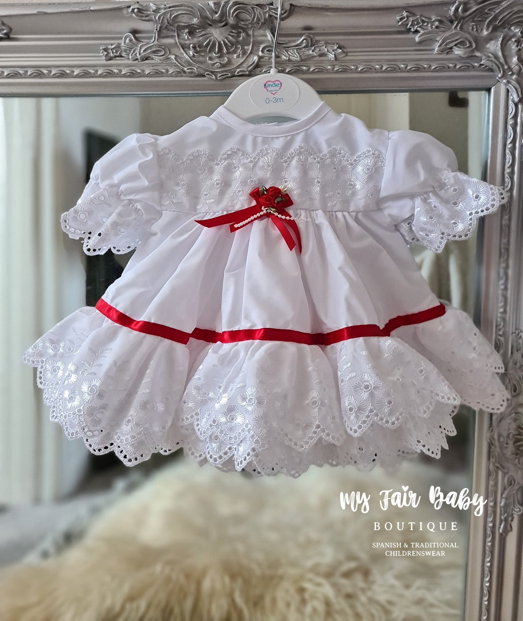 Traditional Baby Girls White & Red Frilly Dress