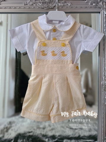 Traditional Boys Lemon Easter Smocked Duckling Dungarees ~ 0-6m