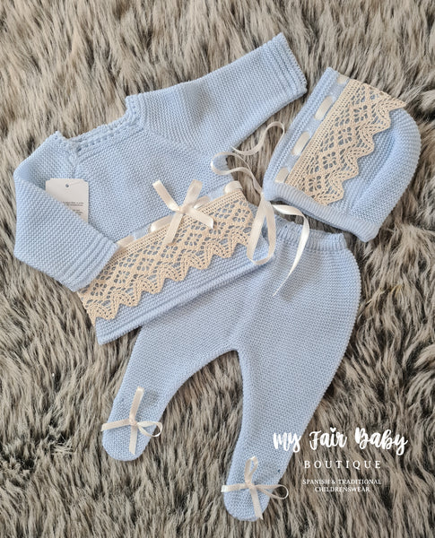 Traditional Spanish Baby Boys Blue & Beige Knitted 3 Piece Set