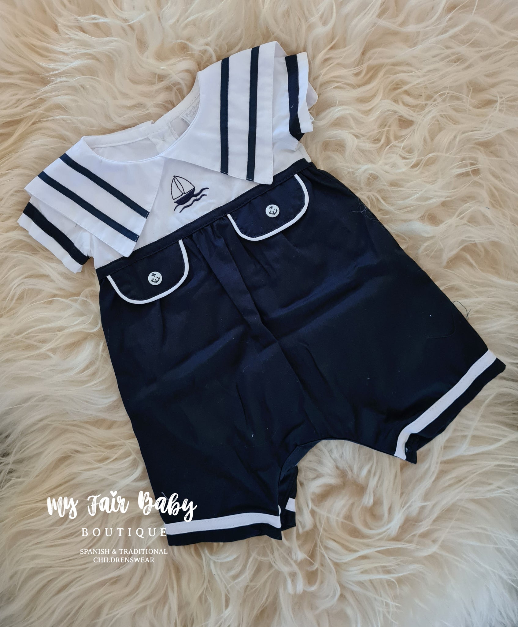 Traditional Baby Boys Navy & White Cotton Sailor Romper ~ 6-9m