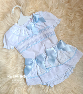 Wee Me Traditional Baby Girls Blue & White Spotted Jam Pants Set