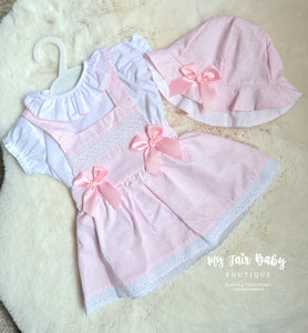 Spanish Baby Girls Pink Printed Smocked Pinafore Dress Set - 12m