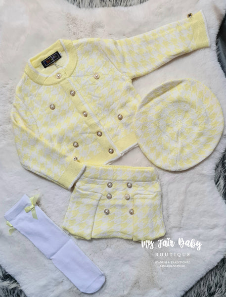 Traditional Girls Lemon & White 4PC Knitted Skirt & Jacket Set