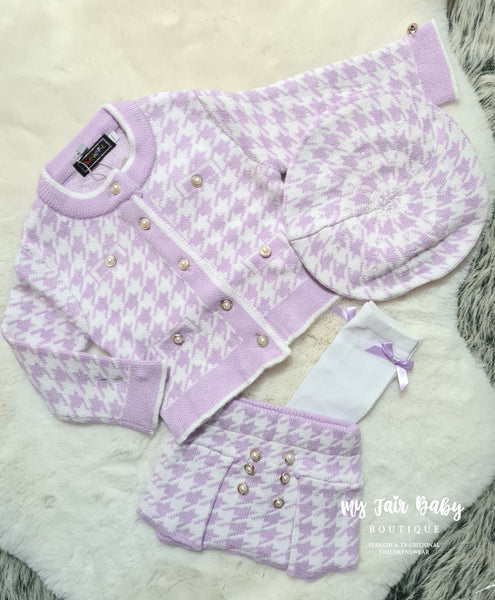 Traditional Girls Lilac & White 4PC Knitted Skirt & Jacket Set - 8y
