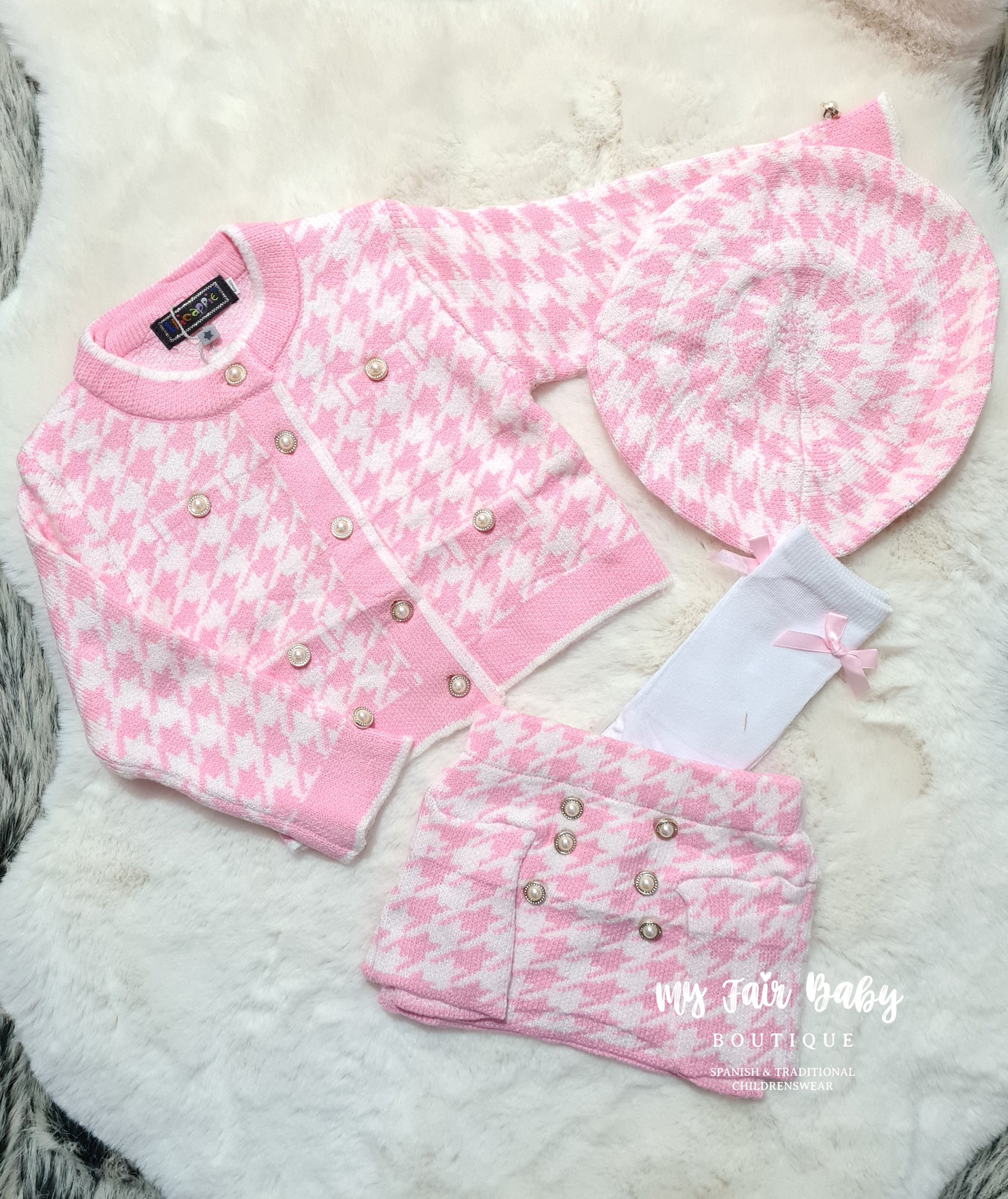 Traditional Baby Girls Pink & White 4PC Knitted Skirt & Jacket Set - 24m