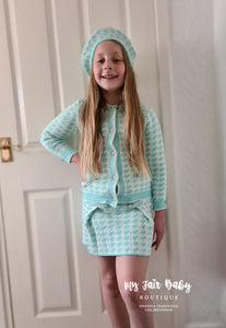 Traditional Girls Mint & White 4PC Knitted Skirt & Jacket Set N366A