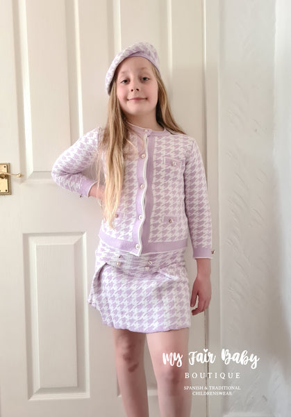 Traditional Girls Lilac & White 4PC Knitted Skirt & Jacket Set