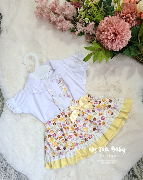 Spanish Baby Girls Yellow Floral Skirt Set ~ 3m