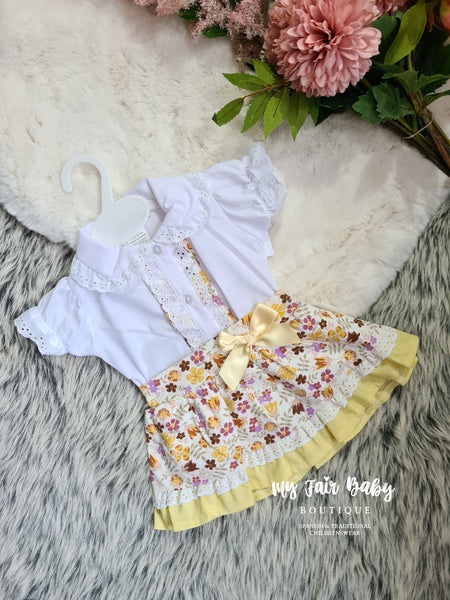 Spanish Baby Girls Yellow Floral Skirt Set ~ 3m