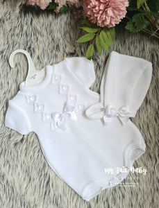 Spanish Baby Girls White Knitted Romper & Bonnet ~ 12,18m
