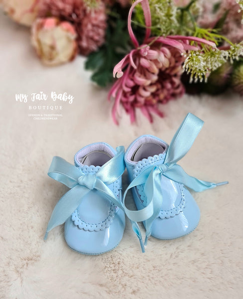 Spanish Style Baby Girls Patent Soft Soled Ribbon Shoes ~ Pink, White & Blue