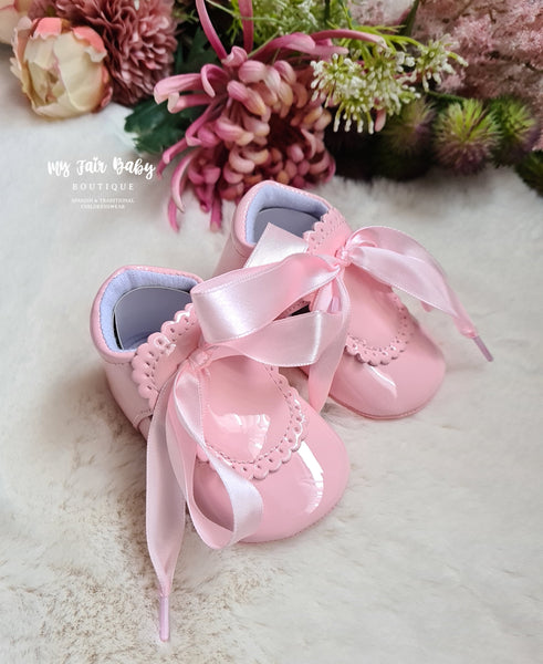 Spanish Style Baby Girls Patent Soft Soled Ribbon Shoes ~ Pink, White & Blue