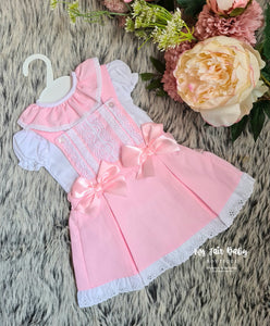 Spanish Baby Girls Pink Pique Lace Pinafore Dress ~ 3-18m