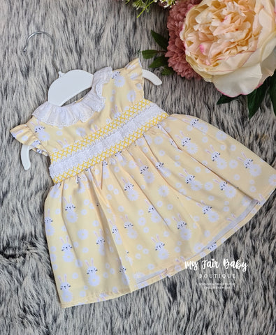 Spanish Baby Girls Lemon Smocked Bunny Dress - 3,6m