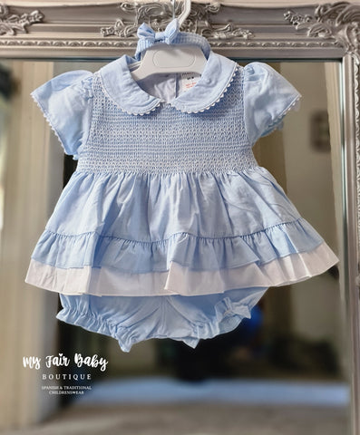 Traditional Girls SS23 Baby Blue Smocked Cotton Dress & Bloomers 2703