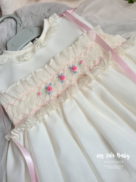 Sonata Cream & Pink Organza Smocked Puffball Dress - 3 Years IN STOCK NOW