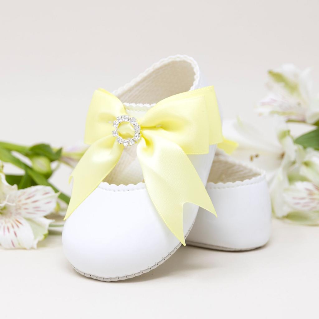 Baypod Spanish Style Baby Girls White & Lemon Patent Bow Soft Soled Pram Shoes