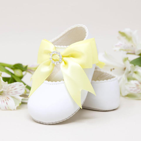 Baypod Spanish Style Baby Girls White & Lemon Patent Bow Soft Soled Shoes