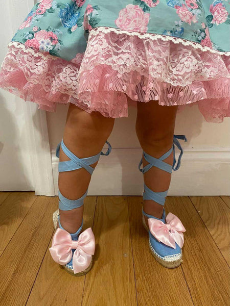 Spanish Sonata girls blue canvas summer shoes with pink silk bows and leg straps