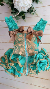 Ela Confeccion AW22 Spanish Girls Green & Gold Lace Romper ~ MADE TO ORDER
