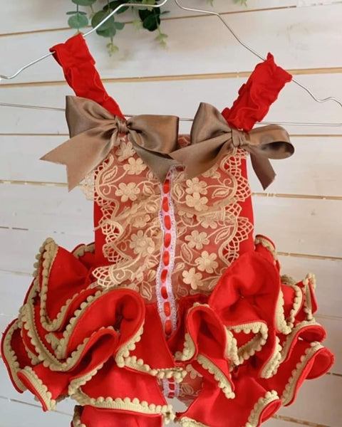 Ela Confeccion AW22 Spanish Girls Red & Gold Lace Romper ~ MADE TO ORDER
