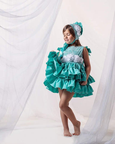Ela Confeccion SS23 Spanish Green Puffball Dress - MADE TO ORDER
