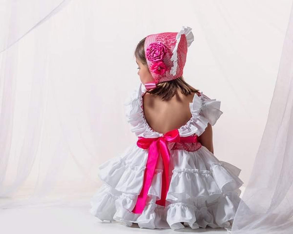 Ela Confeccion SS23 Spanish White & Cerise Puffball Dress - MADE TO ORDER
