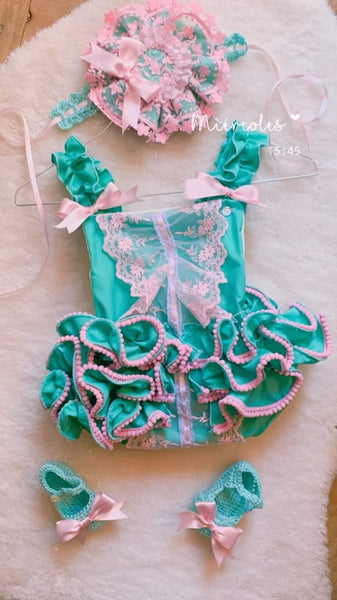Ela Confeccion SS23 Spanish Girls Mint & Pink Frilly Romper - MADE TO ORDER