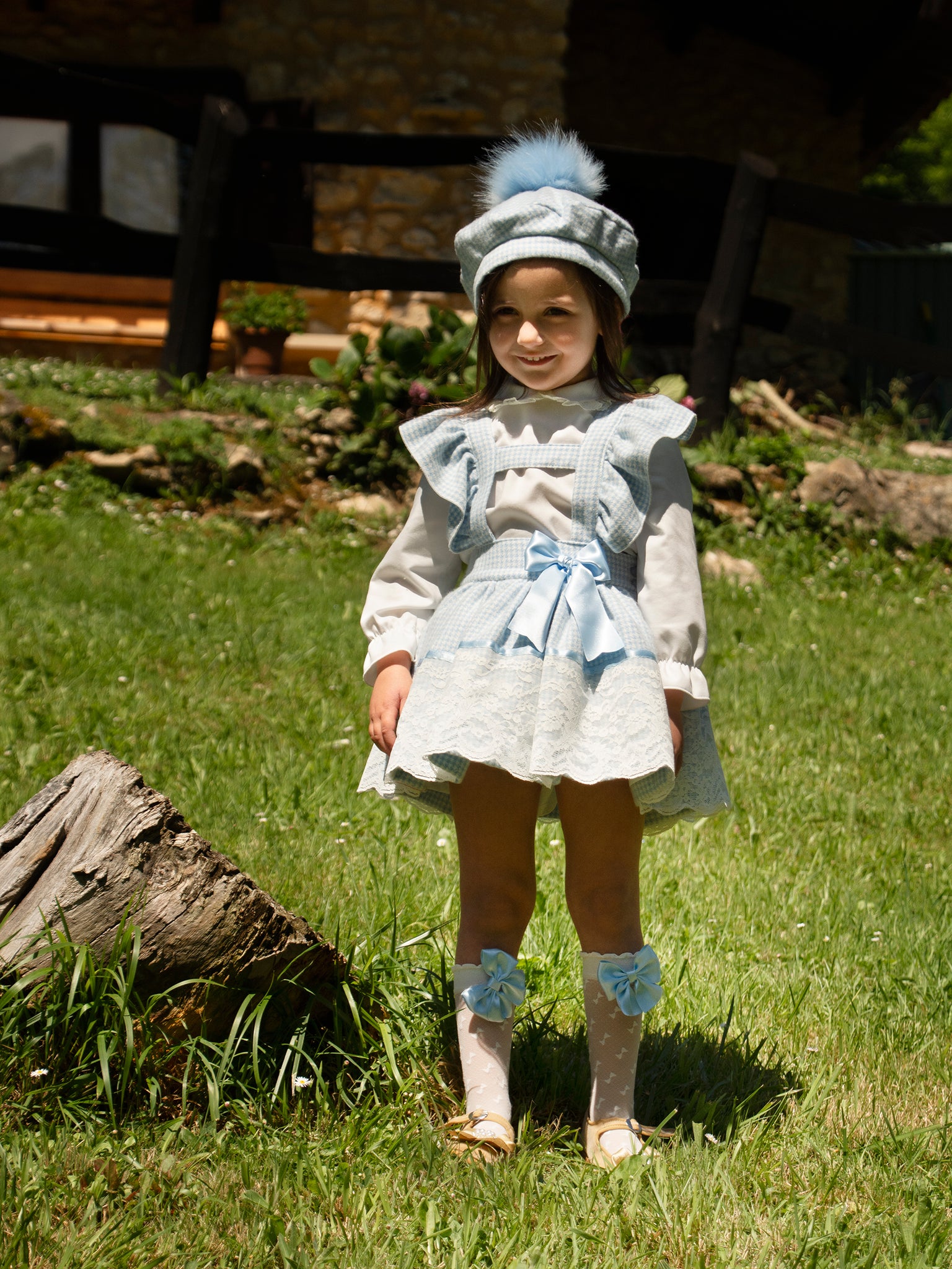 Sonata Infantil Girls Blue Check Pinafore Dress