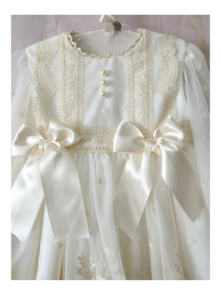Sonata AW22 White Embroidery & Pearl Lace Puffball Dress IN2223- MADE TO ORDER