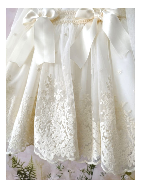 Sonata AW22 White Embroidery & Pearl Lace Puffball Dress IN2223- MADE TO ORDER