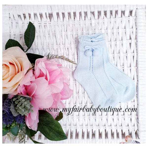 Spanish Ankle High Pom Pom Socks - Blue or Pink - 27/29