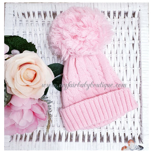 Traditional Girls Pink Cable Stitch Pom Pom Hats - 12-24m
