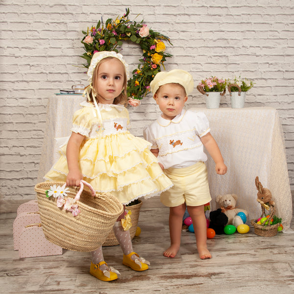 Sonata SS23 Spanish Baby Boys Lemon Smocked Easter Bunny Short Set PC2301 - MADE TO ORDER