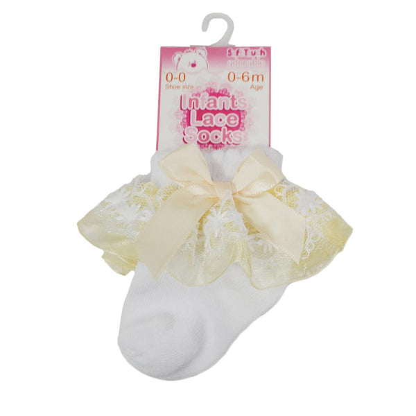 Traditional Baby Girls Lemon Organza & Lace Bow Socks