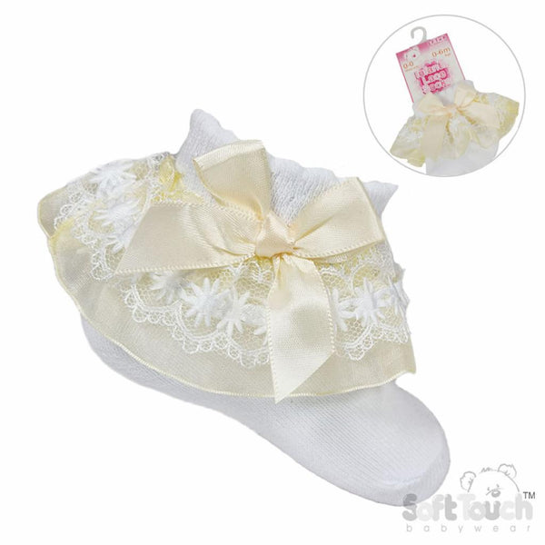 Traditional Baby Girls Lemon Organza & Lace Bow Socks