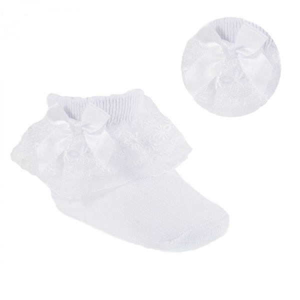 Baby Girls Frilly Lace & Bow Ankle Socks - Pink or White