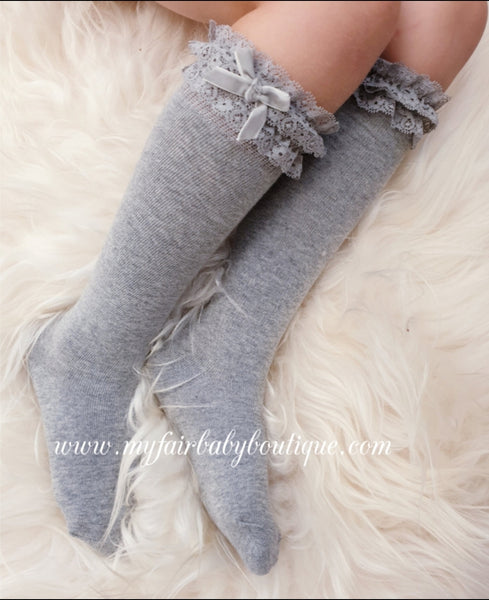Spanish Knee High Lace & Velvet Bow Socks
