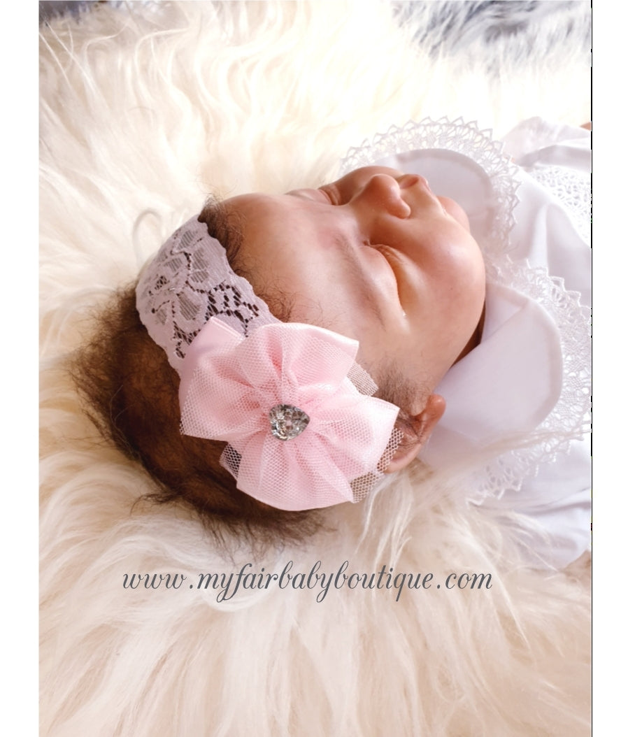 Baby Girls Lace Bow & Heart Gem Headband - White or Pink