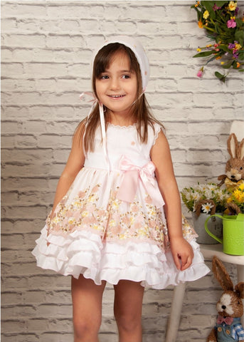Sonata SS22 Spanish Girls Pink Embroidered Puffball Dress VE2204 - MADE TO ORDER
