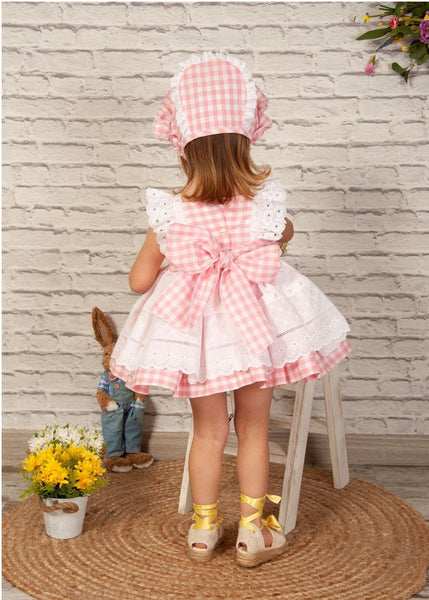 Sonata SS22 Spanish Girls Pink Check Puffball Dress VE2207- MADE TO ORDER