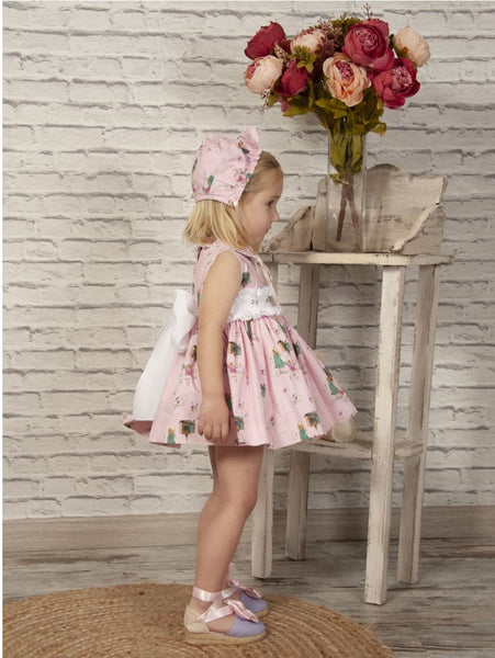 Sonata SS22 Spanish Girls Pink Printed Smocked Puffball Dress VE2227 - MADE TO ORDER
