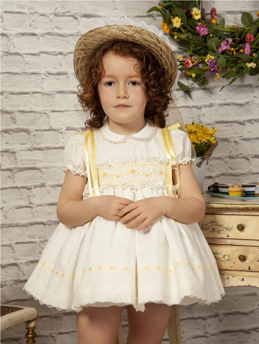 Sonata SS22 Girls Spanish Cream & Lemon Smocked Dress - MADE TO ORDER