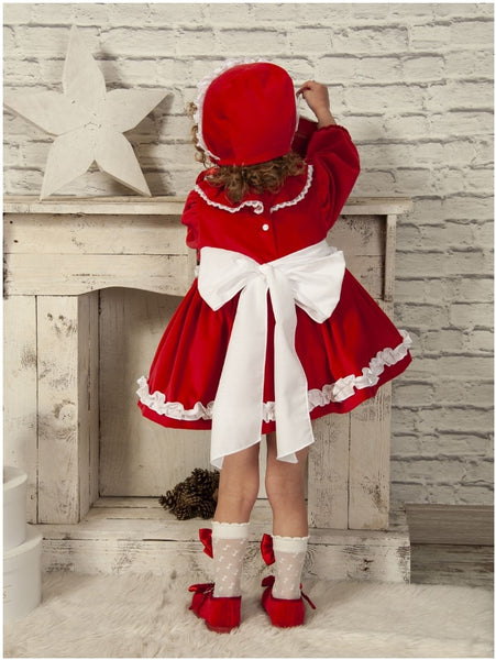 Sonata AW22 Spanish Girls Red Velvet Smocked Dress IN2227 - MADE TO ORDER