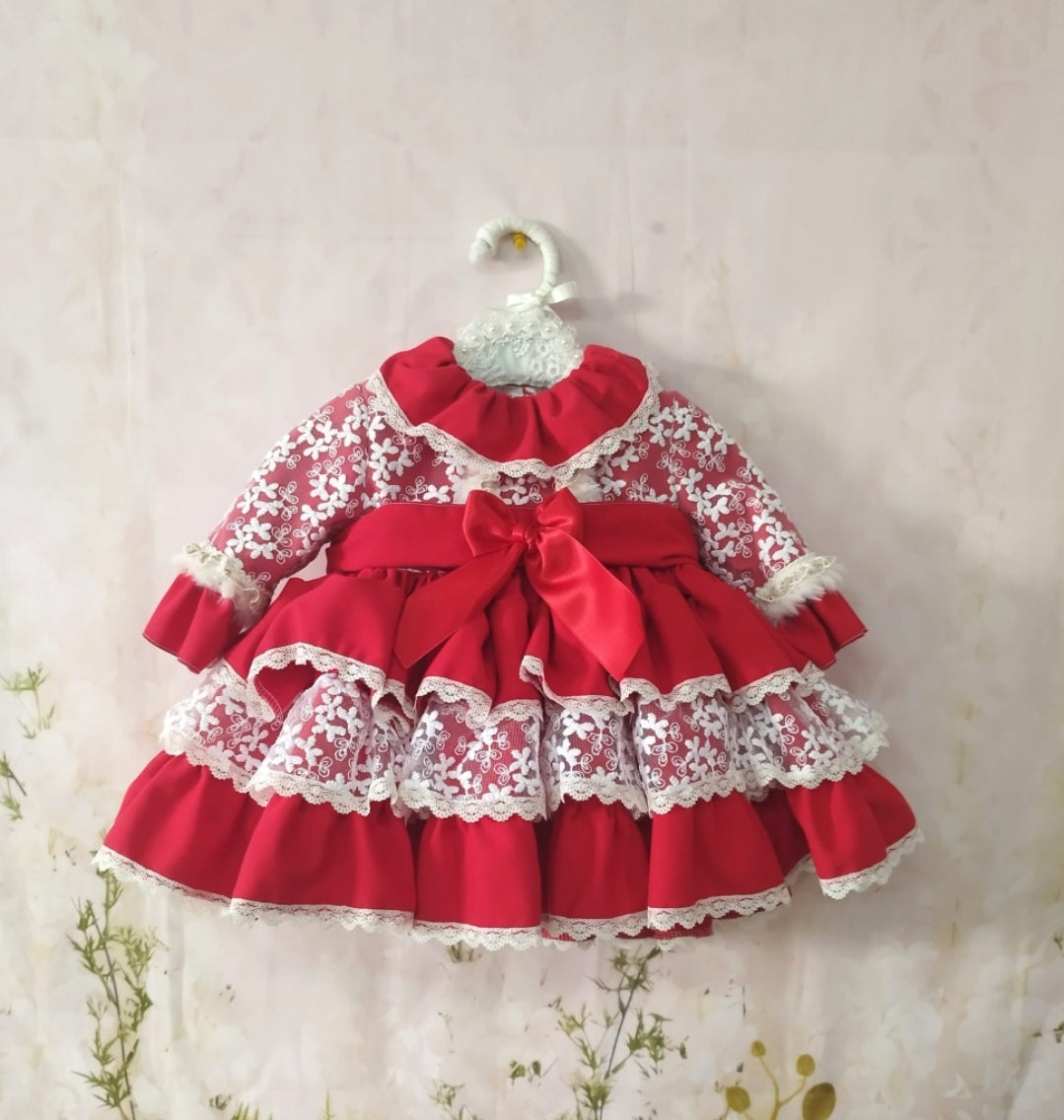 Sonata Spanish Girls Red & White Lace Puffball Dress - 12 months - IN STOCK NOW