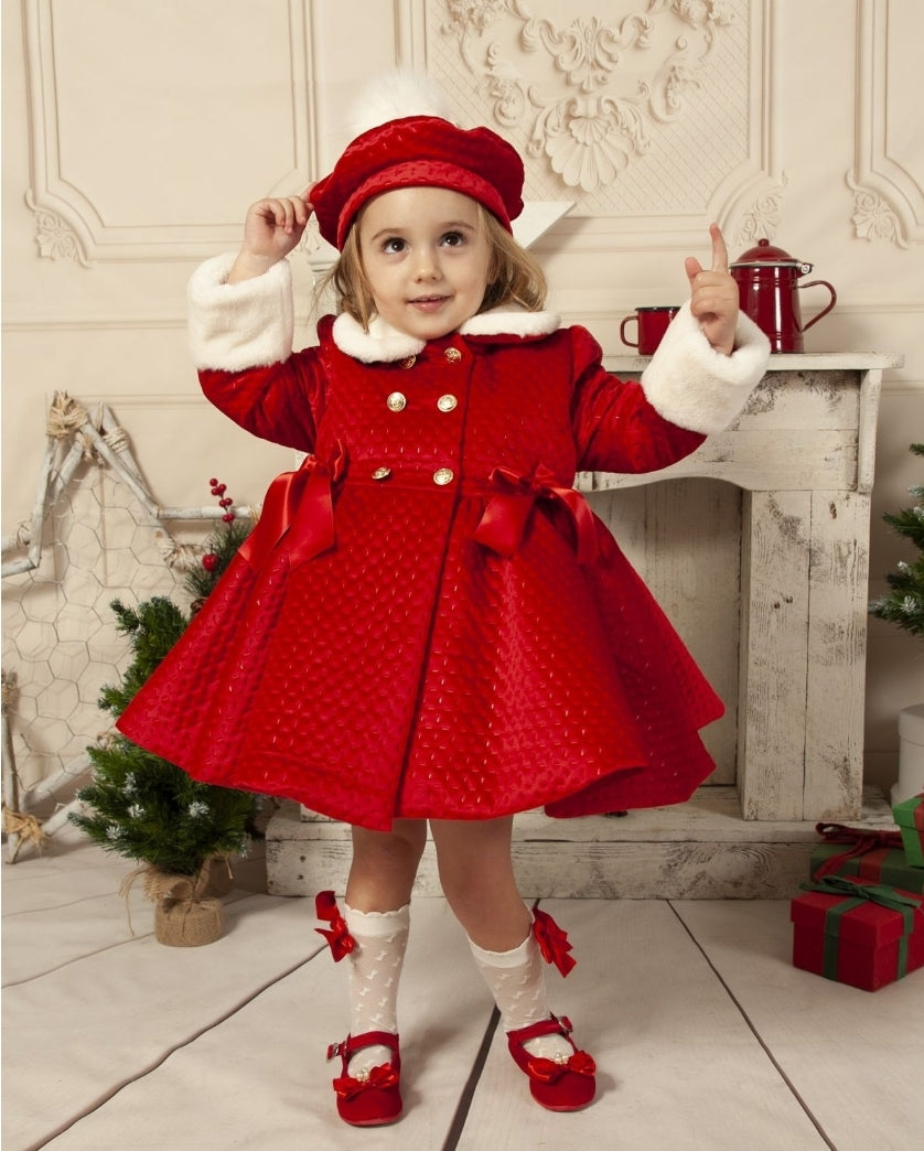 Sonata Infantil Spanish Girls Red Velvet Quilted Winter Coat - MADE TO ORDER