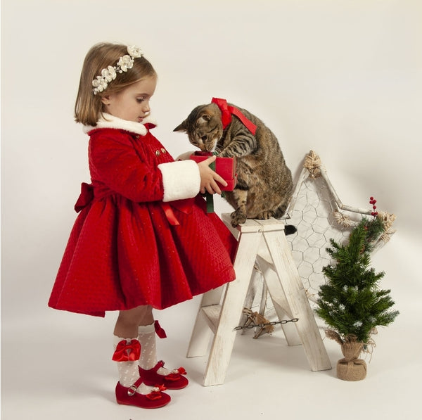 Sonata Infantil Spanish Girls Red Velvet Quilted Winter Coat - MADE TO ORDER