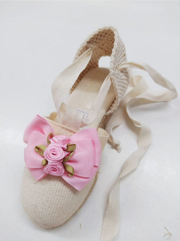 Sonata Spanish Girls Beige & Pink Bow & Rose Canvas Summer Shoes VE2132 - MADE TO ORDER