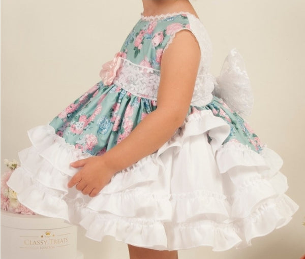 Sonata Infantil Spanish Girls Blue Floral Bianca Puffball Dress VE2103 - MADE TO ORDER